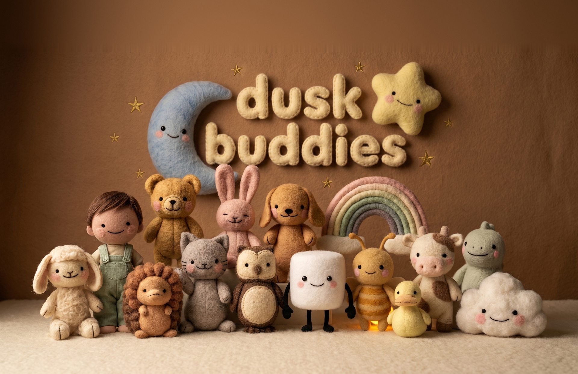 The Dusk Buddies class photo — the whole cast of felted wool plush friends posing under the dusk buddies felt lettering