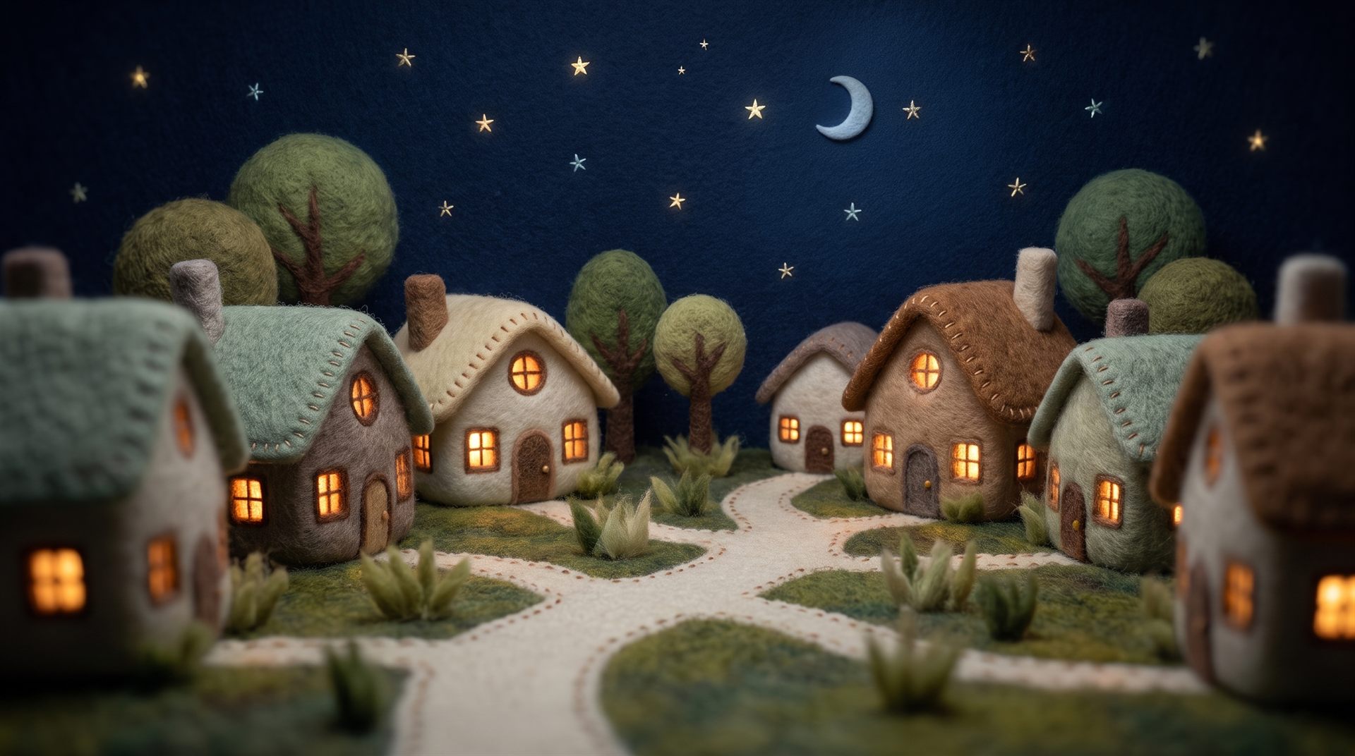 Hushwood Village at night — felted wool cottages with glowing amber windows under a navy felt sky
